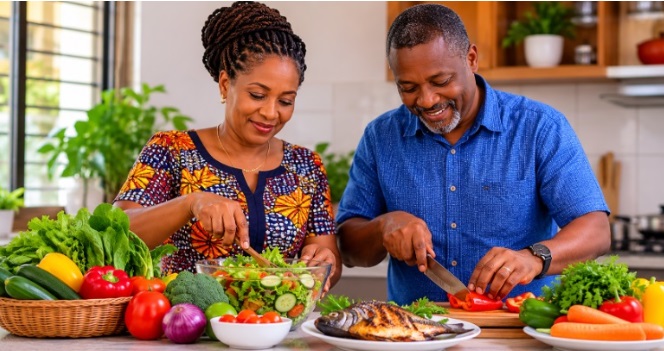 An African couple preparing a meal in their kitchen from a variety of plant-based colourful foods